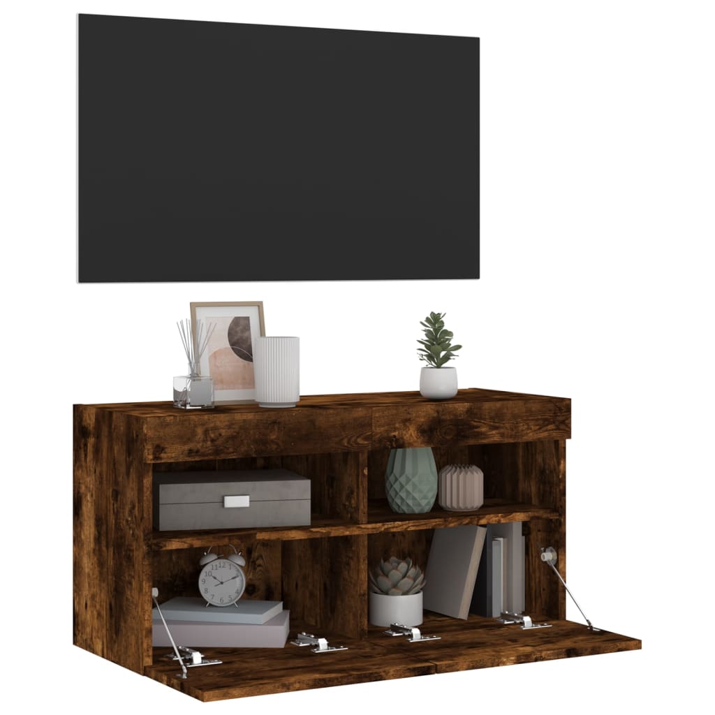 væghængt tv-bord med LED-lys 80x30x40 cm røget egetræsfarve