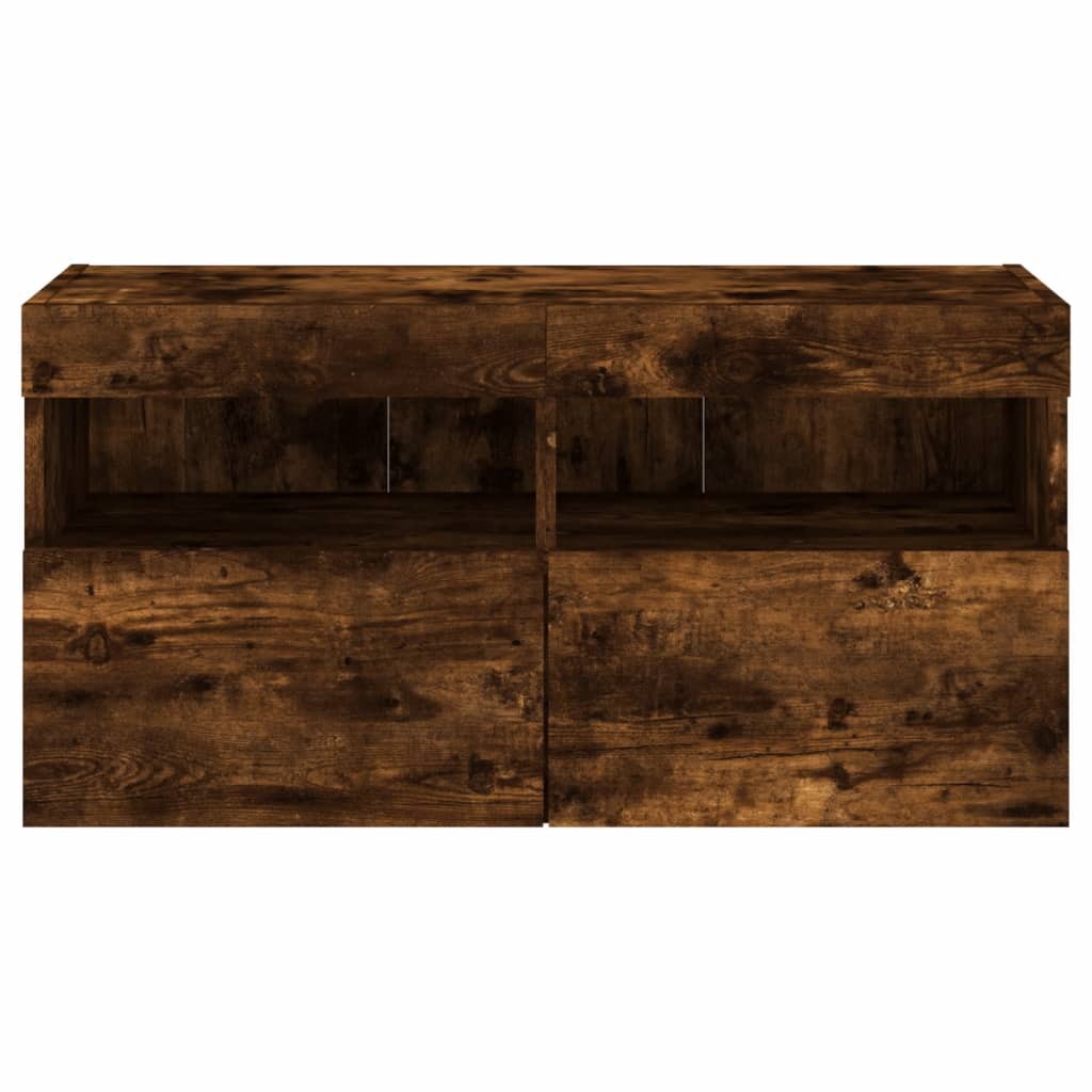 væghængt tv-bord med LED-lys 80x30x40 cm røget egetræsfarve