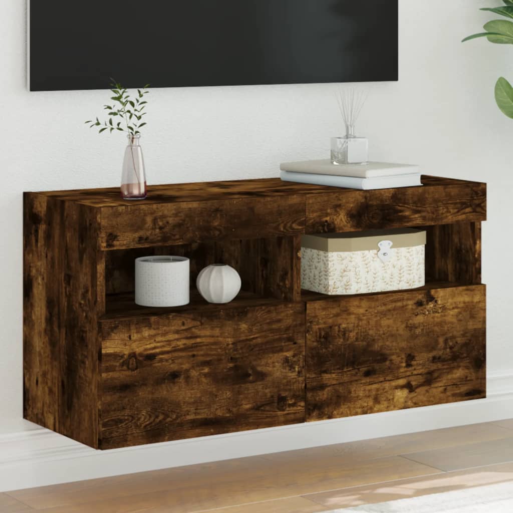 væghængt tv-bord med LED-lys 80x30x40 cm røget egetræsfarve