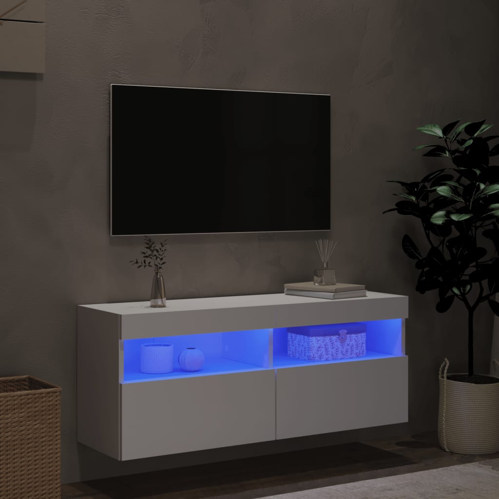 væghængt tv-bord med LED-lys 100x30x40 cm hvid
