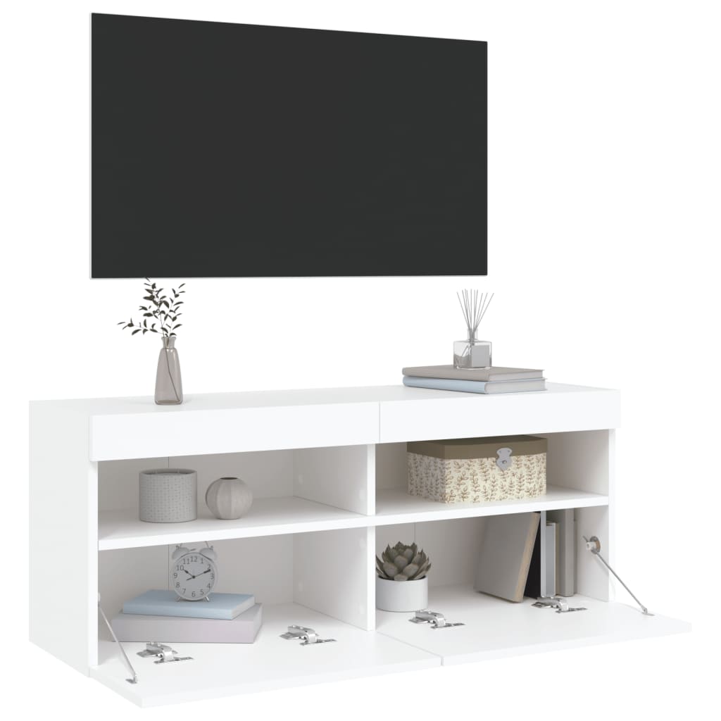 væghængt tv-bord med LED-lys 100x30x40 cm hvid