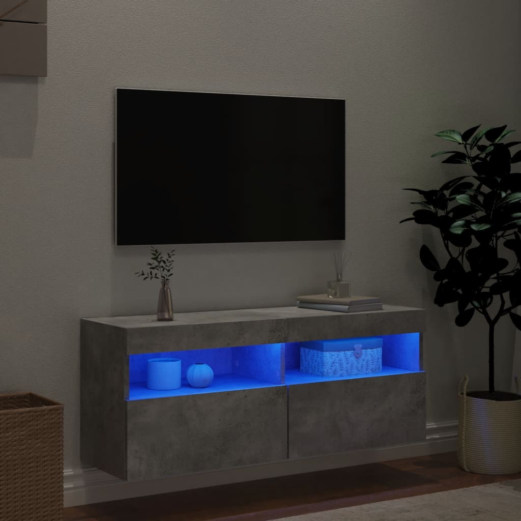 væghængt tv-bord med LED-lys 100x30x40 cm betongrå