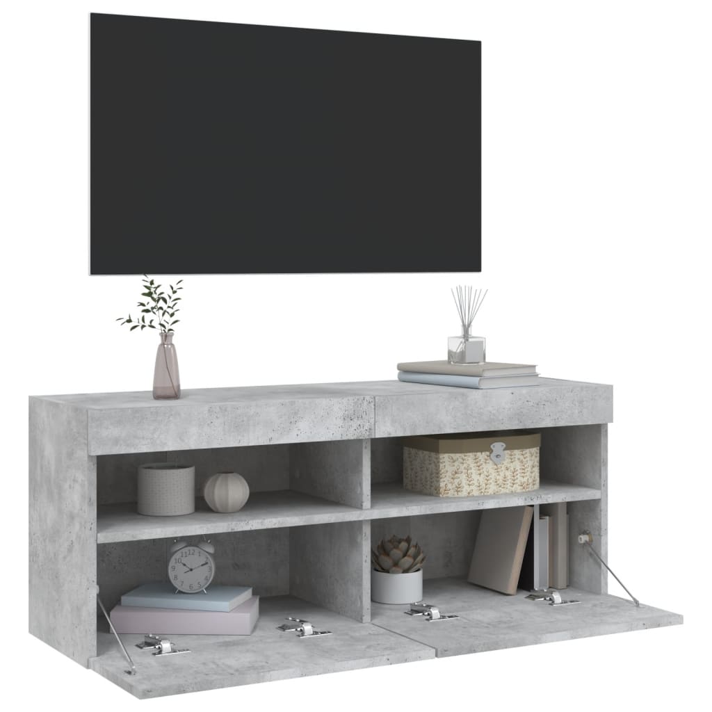 væghængt tv-bord med LED-lys 100x30x40 cm betongrå