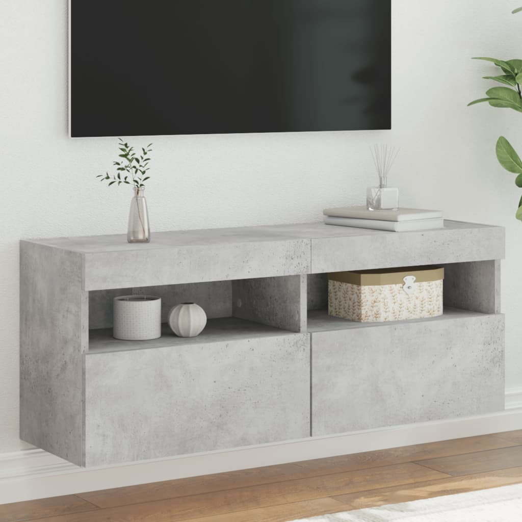 væghængt tv-bord med LED-lys 100x30x40 cm betongrå