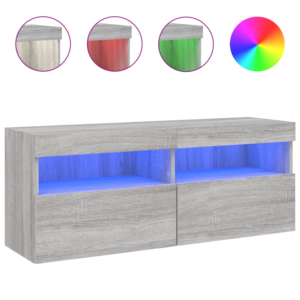væghængt tv-bord med LED-lys 100x30x40 cm grå sonoma-eg