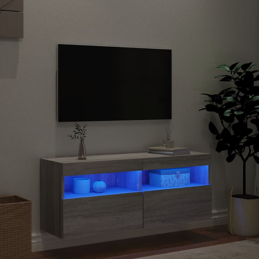 væghængt tv-bord med LED-lys 100x30x40 cm grå sonoma-eg
