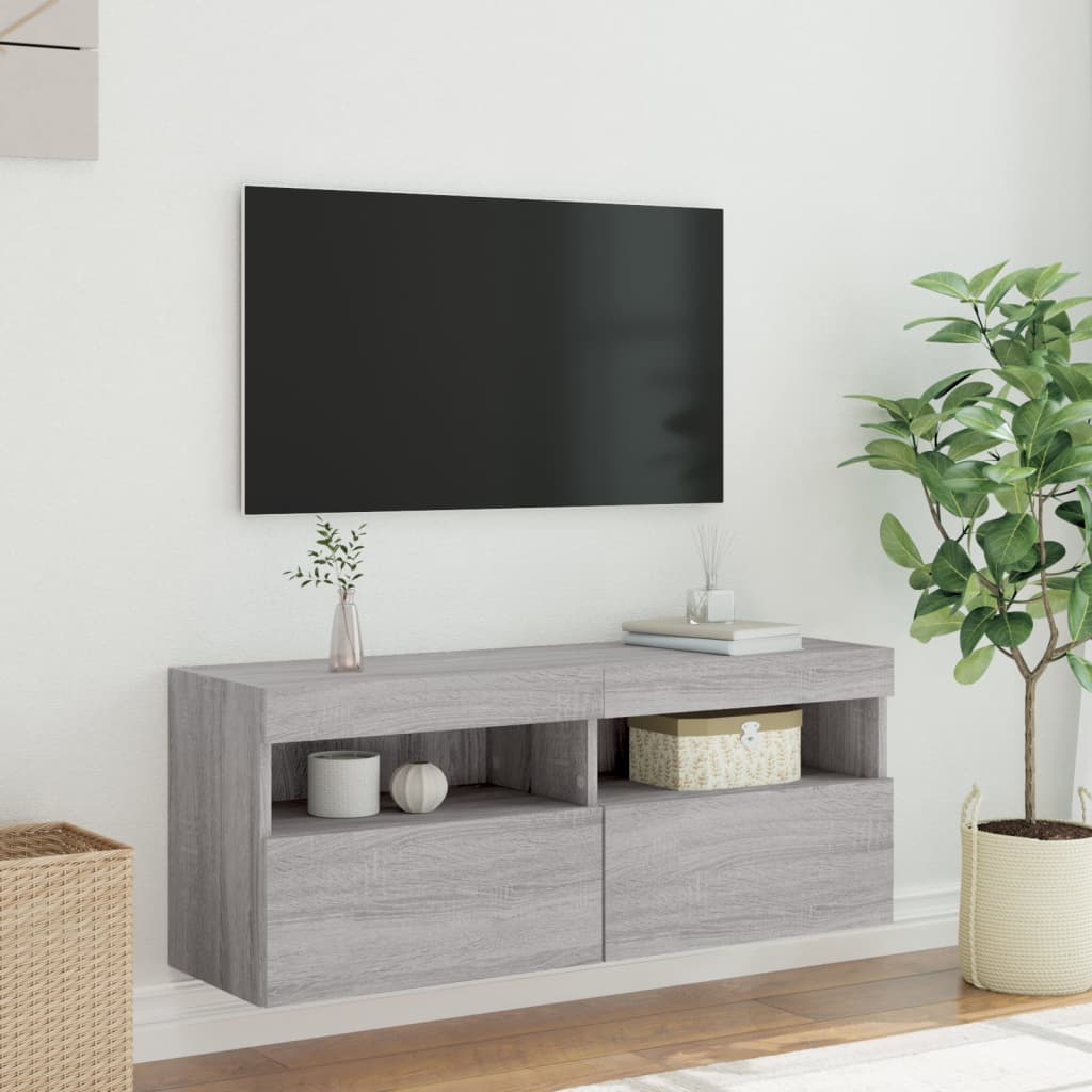 væghængt tv-bord med LED-lys 100x30x40 cm grå sonoma-eg