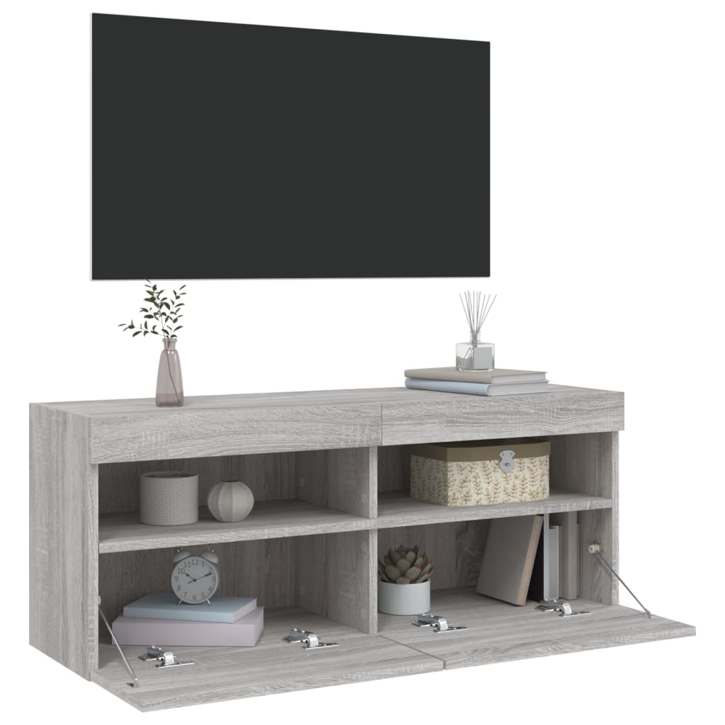 væghængt tv-bord med LED-lys 100x30x40 cm grå sonoma-eg