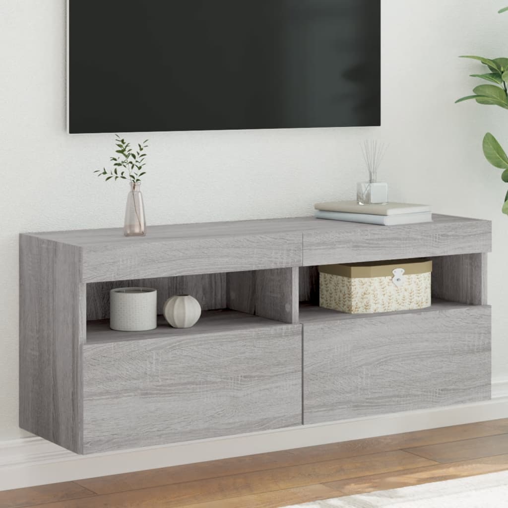 væghængt tv-bord med LED-lys 100x30x40 cm grå sonoma-eg