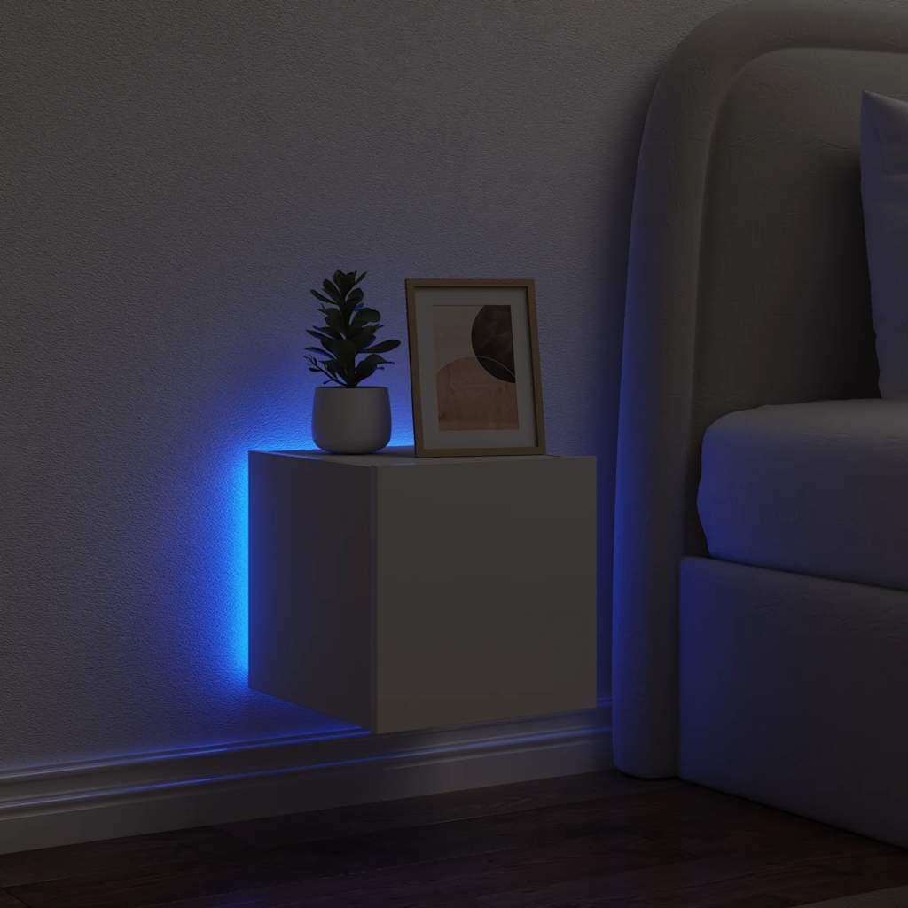 væghængt tv-bord med LED-lys 30,5x35x30 hvid