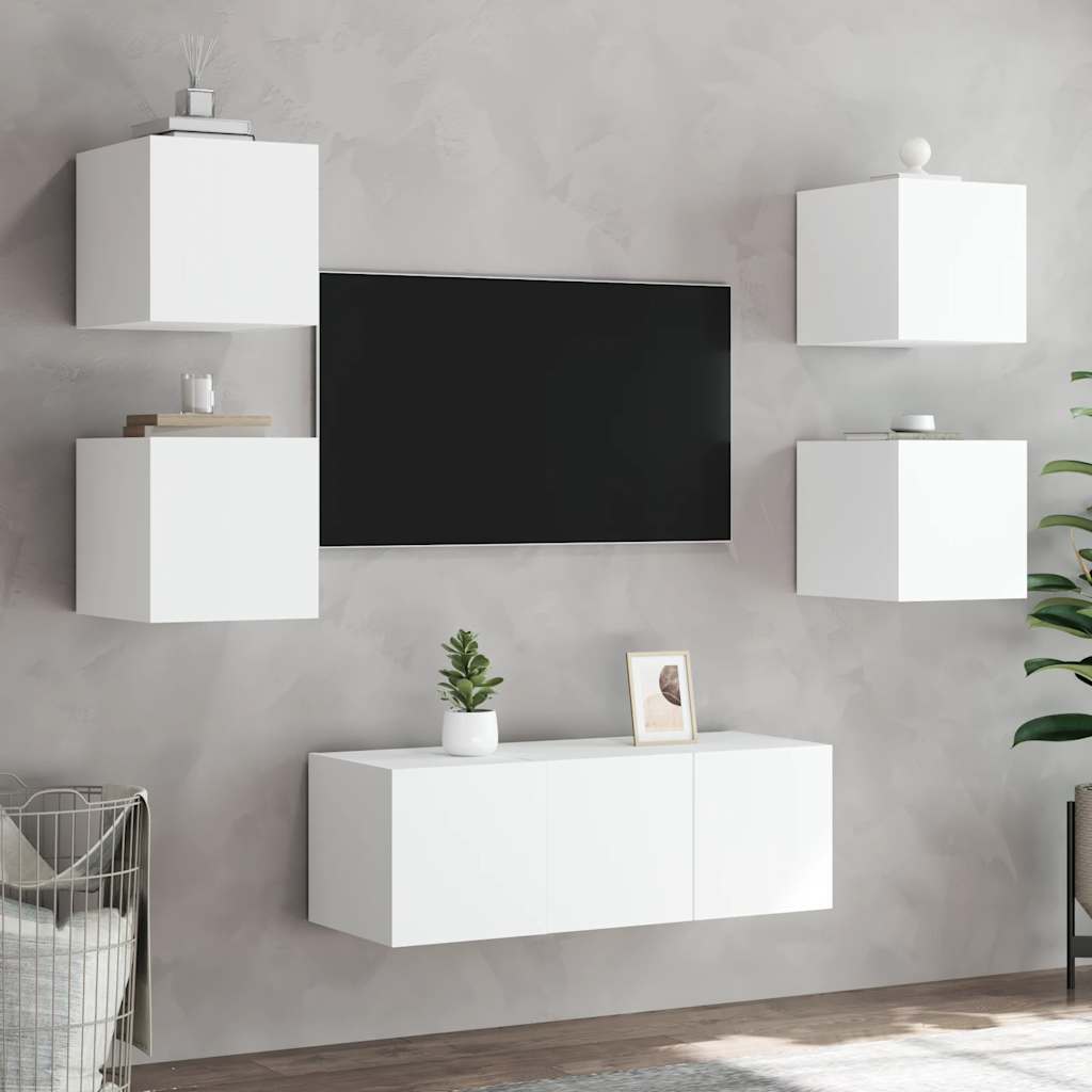væghængt tv-bord med LED-lys 30,5x35x30 hvid