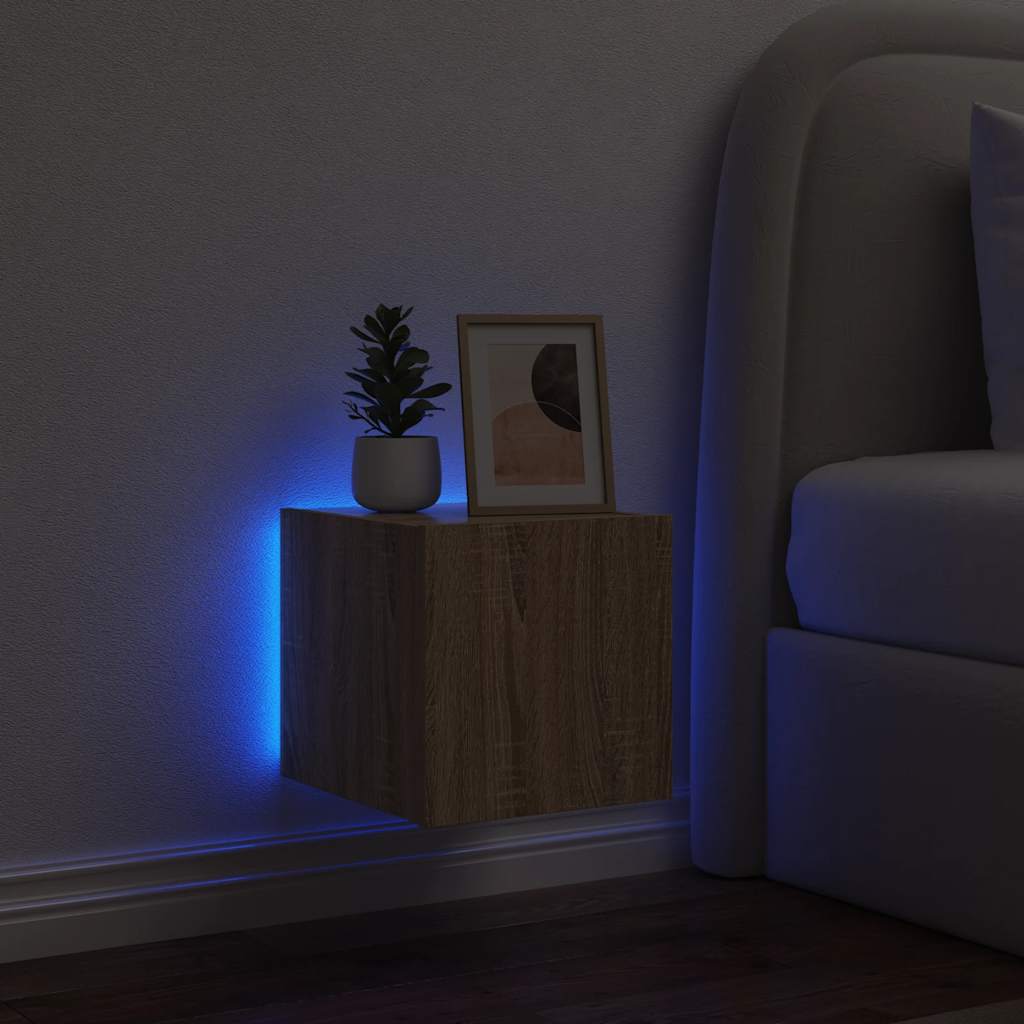 væghængt tv-bord med LED-lys 30,5x35x30 cm sonoma-eg