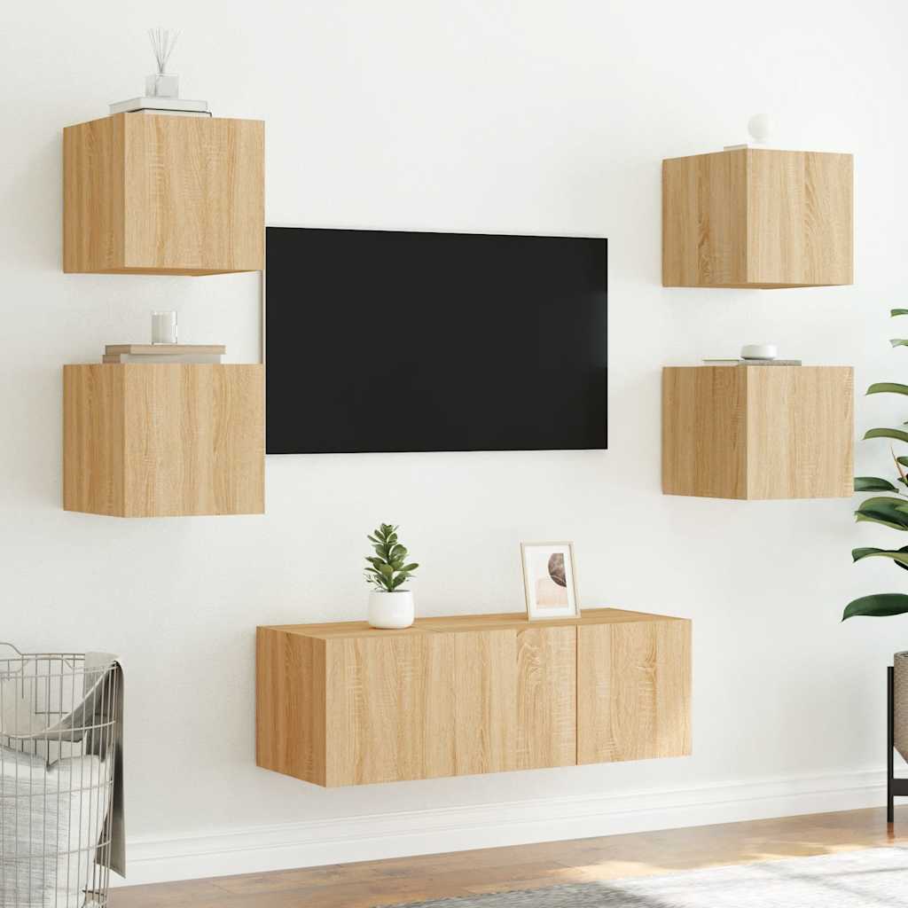 væghængt tv-bord med LED-lys 30,5x35x30 cm sonoma-eg