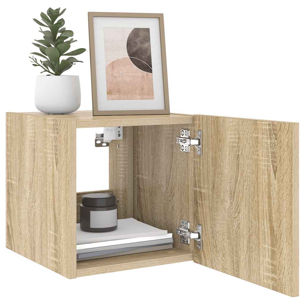 væghængt tv-bord med LED-lys 30,5x35x30 cm sonoma-eg