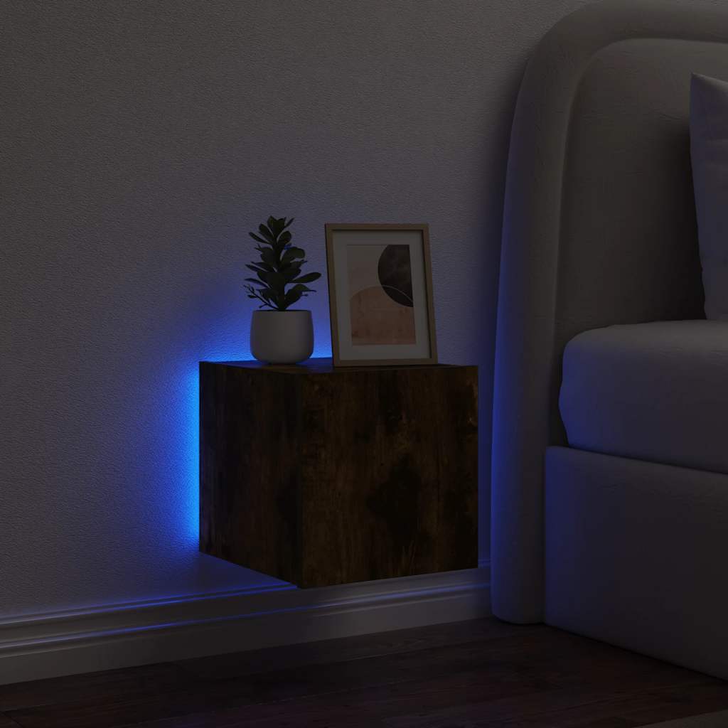 væghængt tv-bord med LED-lys 30,5x35x30 cm røget egetræsfarve