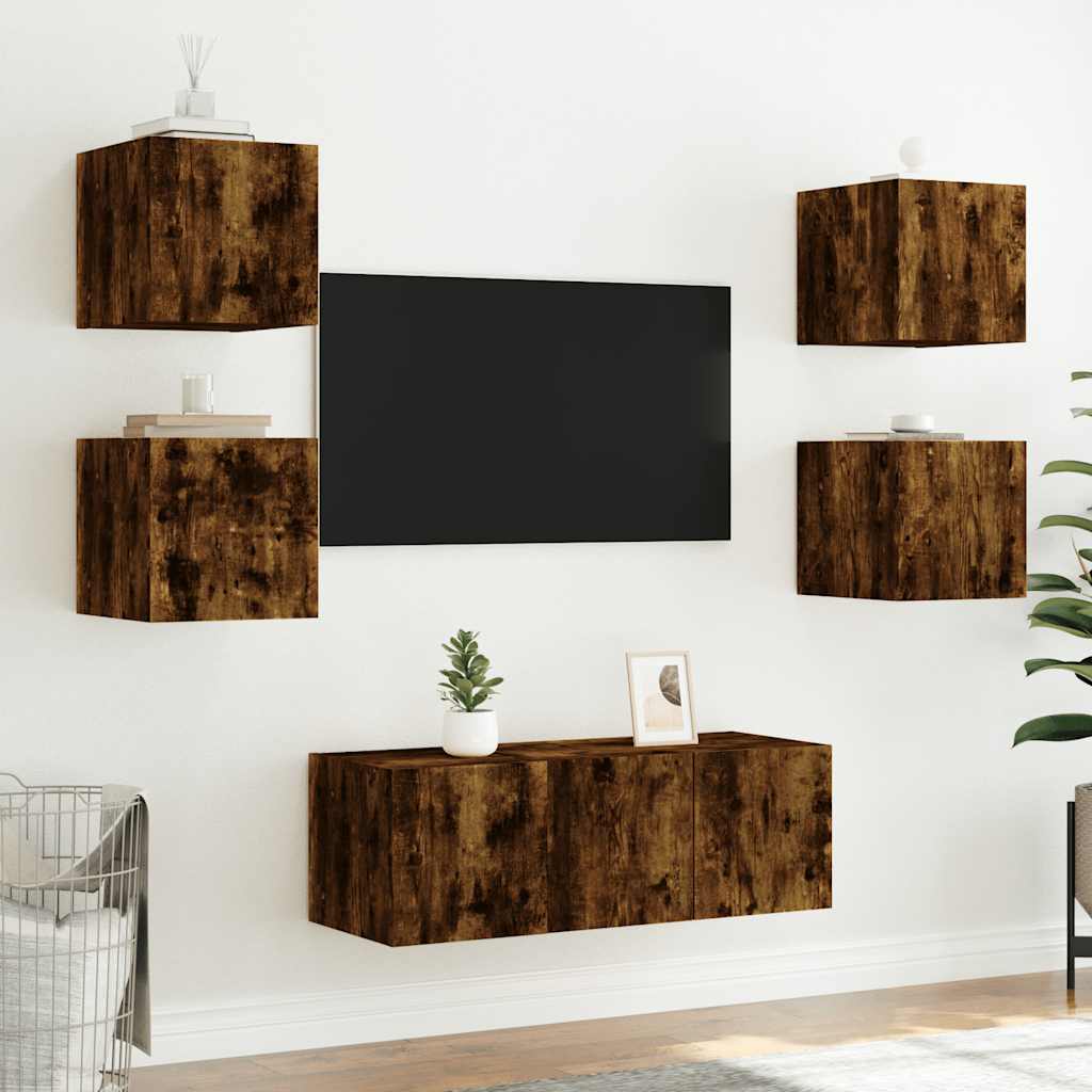 væghængt tv-bord med LED-lys 30,5x35x30 cm røget egetræsfarve