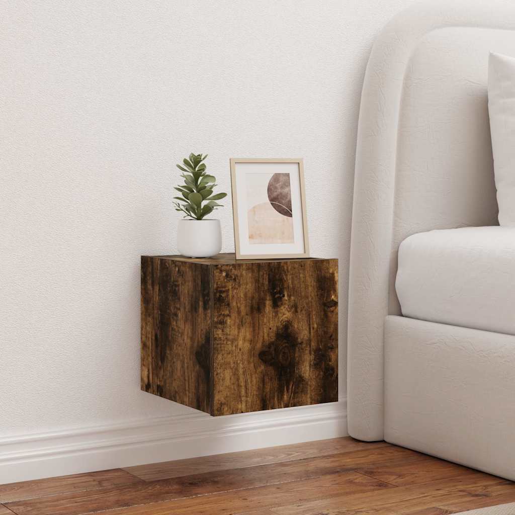 væghængt tv-bord med LED-lys 30,5x35x30 cm røget egetræsfarve