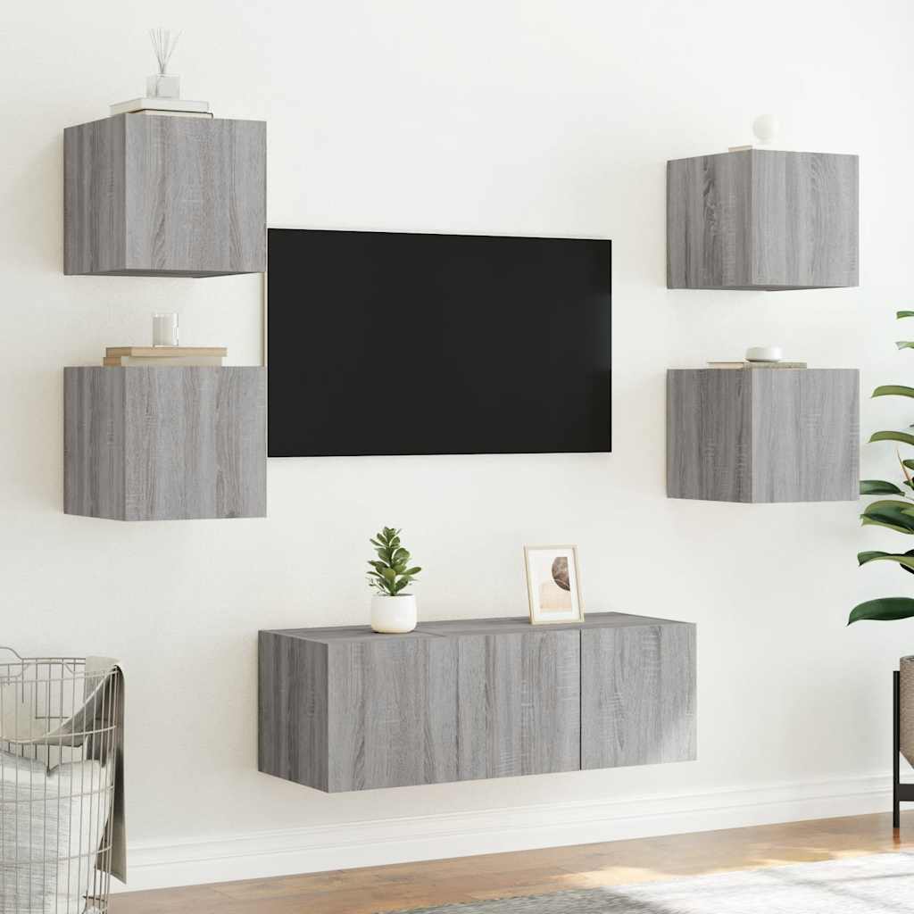 væghængt tv-bord med LED-lys 30,5x35x30 cm grå sonoma-eg