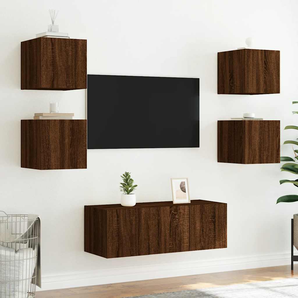 væghængt tv-bord med LED-lys 30,5x35x30 cm brun egetræsfarve