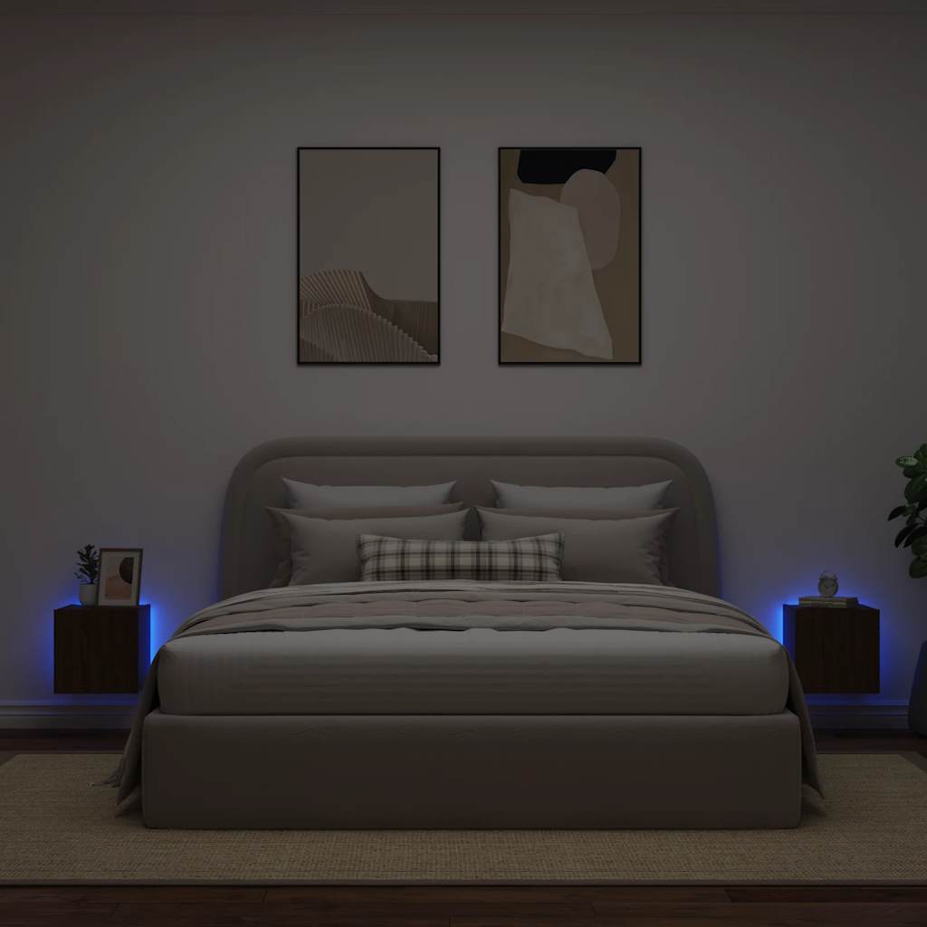 væghængte tv-borde 2 stk. med LED-lys 30,5x35x30 cm brunt eg