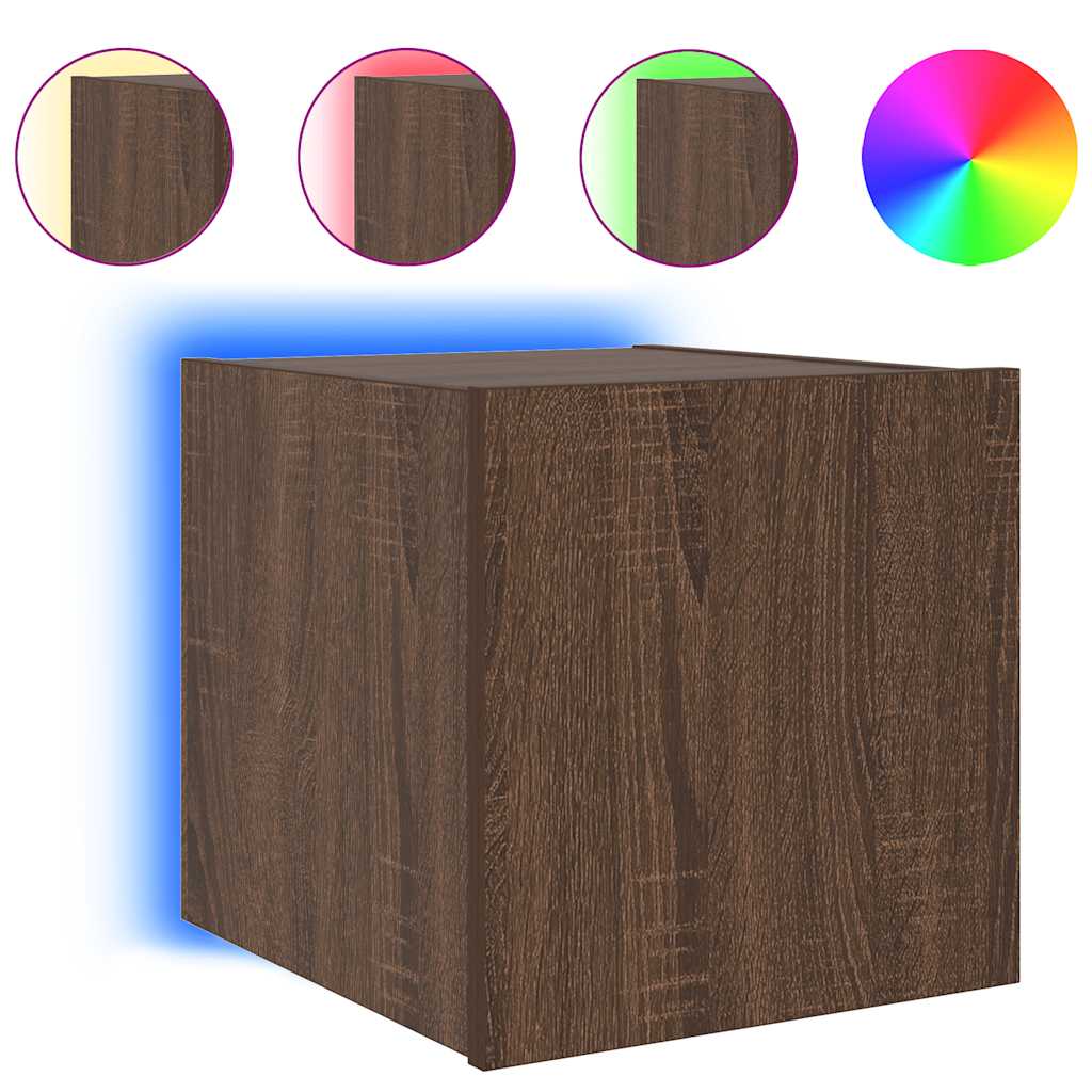 væghængte tv-borde 2 stk. med LED-lys 30,5x35x30 cm brunt eg