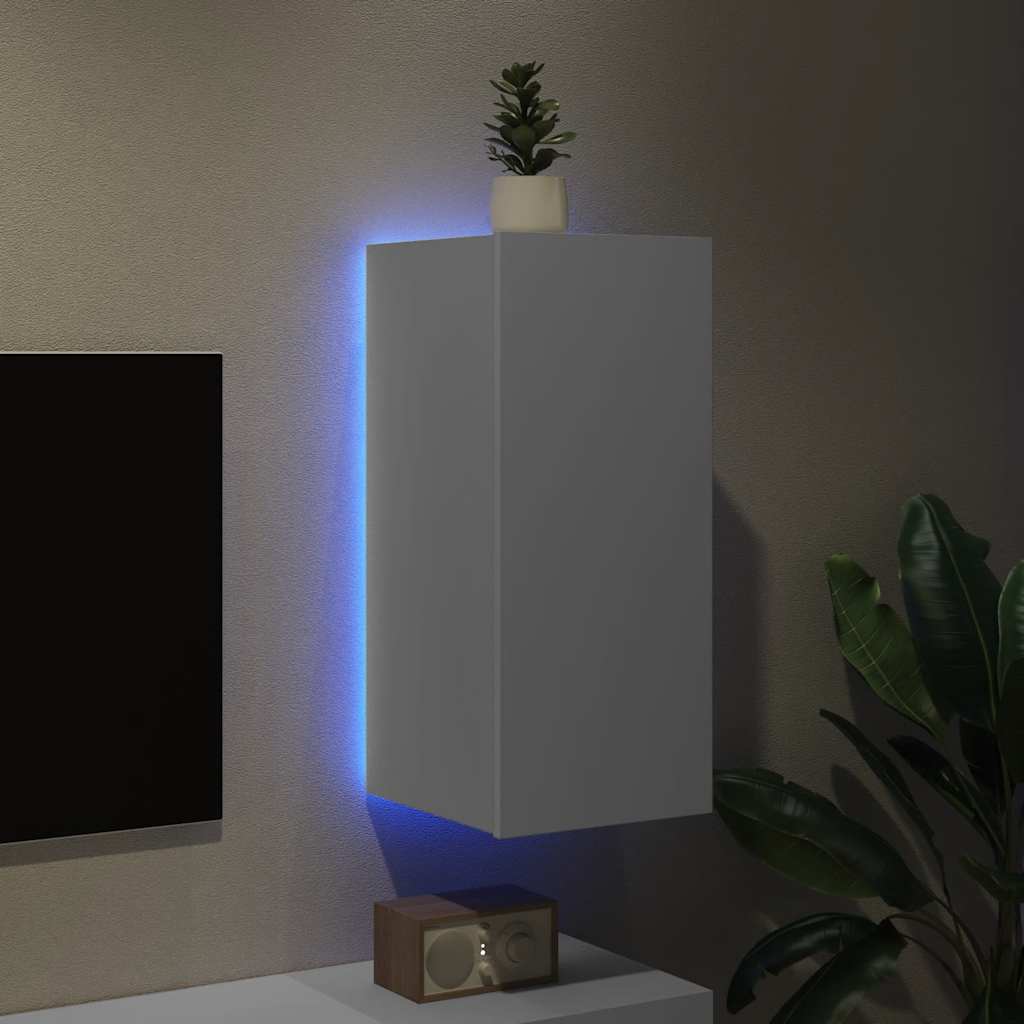 væghængt tv-bord med LED-lys 30,5x35x70 hvid