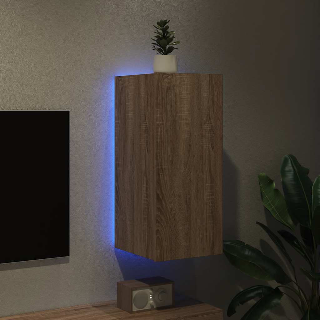 væghængt tv-bord med LED-lys 30,5x35x70 cm sonoma-eg
