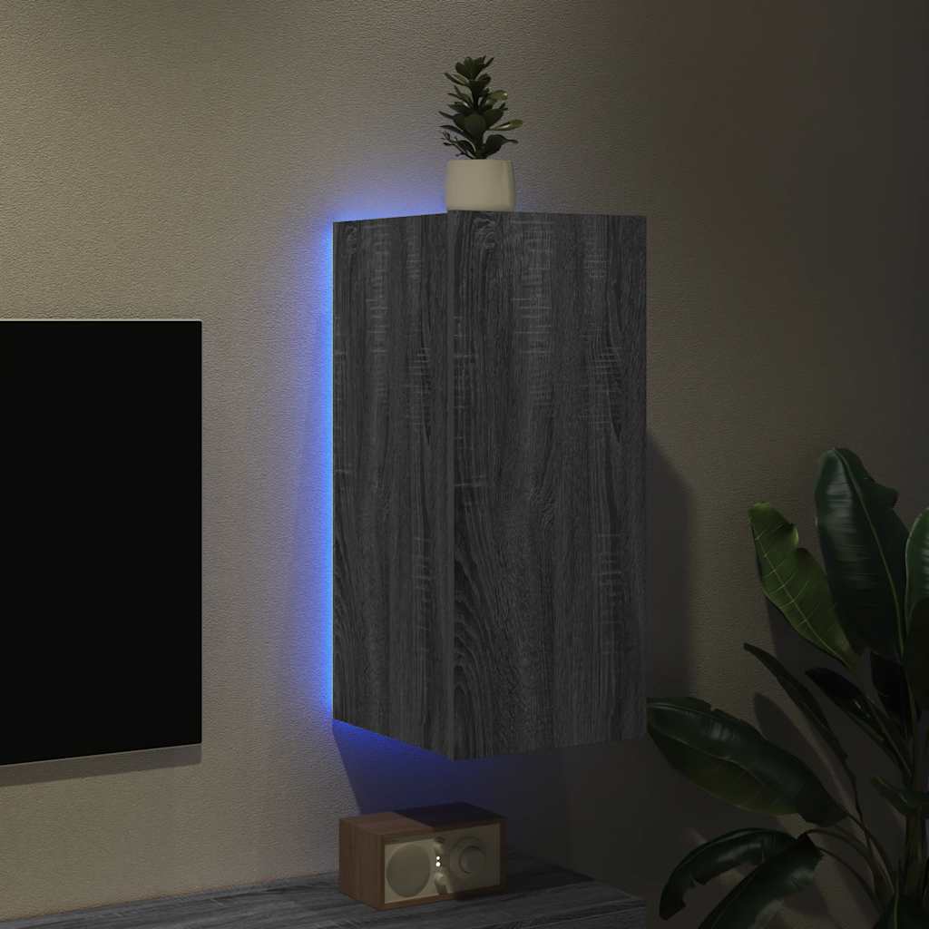 væghængt tv-bord med LED-lys 30,5x35x70 cm grå sonoma-eg