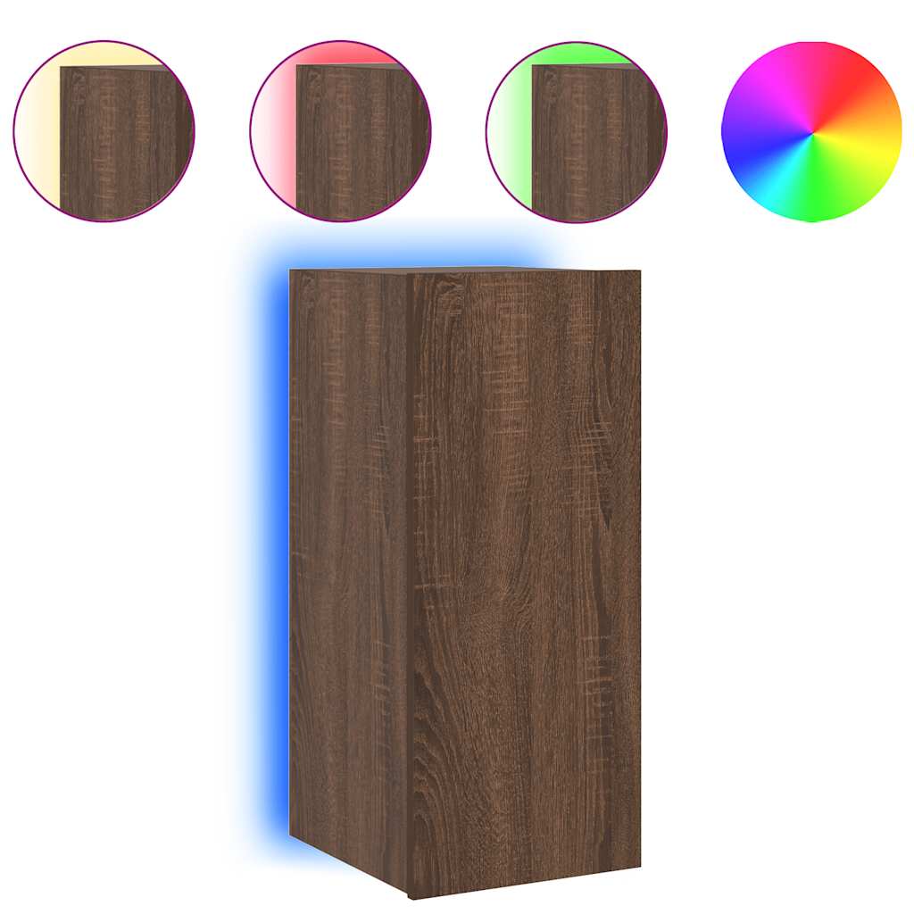 væghængt tv-bord med LED-lys 30,5x35x70 cm brun egetræsfarve