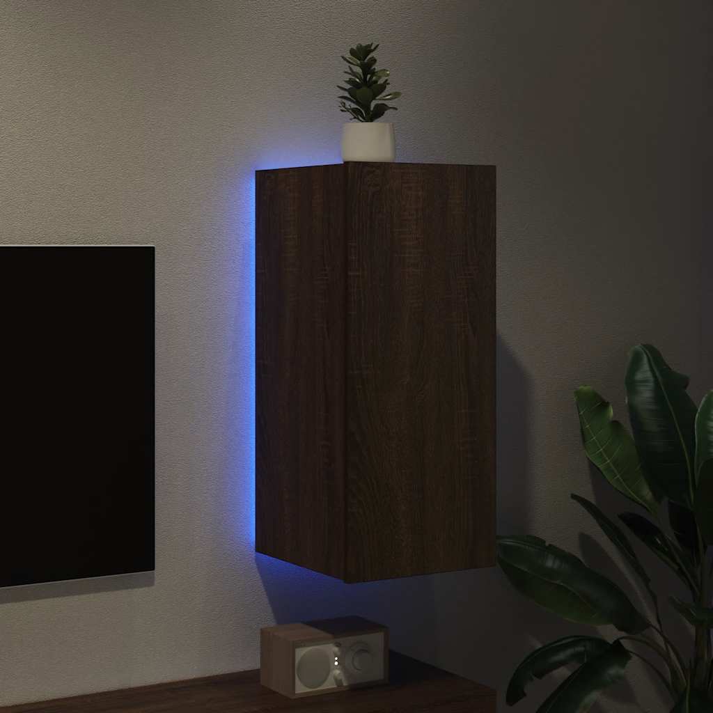 væghængt tv-bord med LED-lys 30,5x35x70 cm brun egetræsfarve