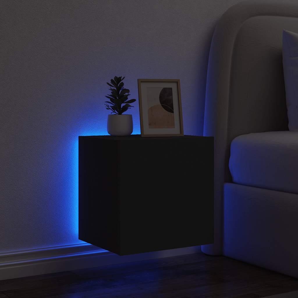 væghængt tv-bord med LED-lys 40,5x35x40 cm sort
