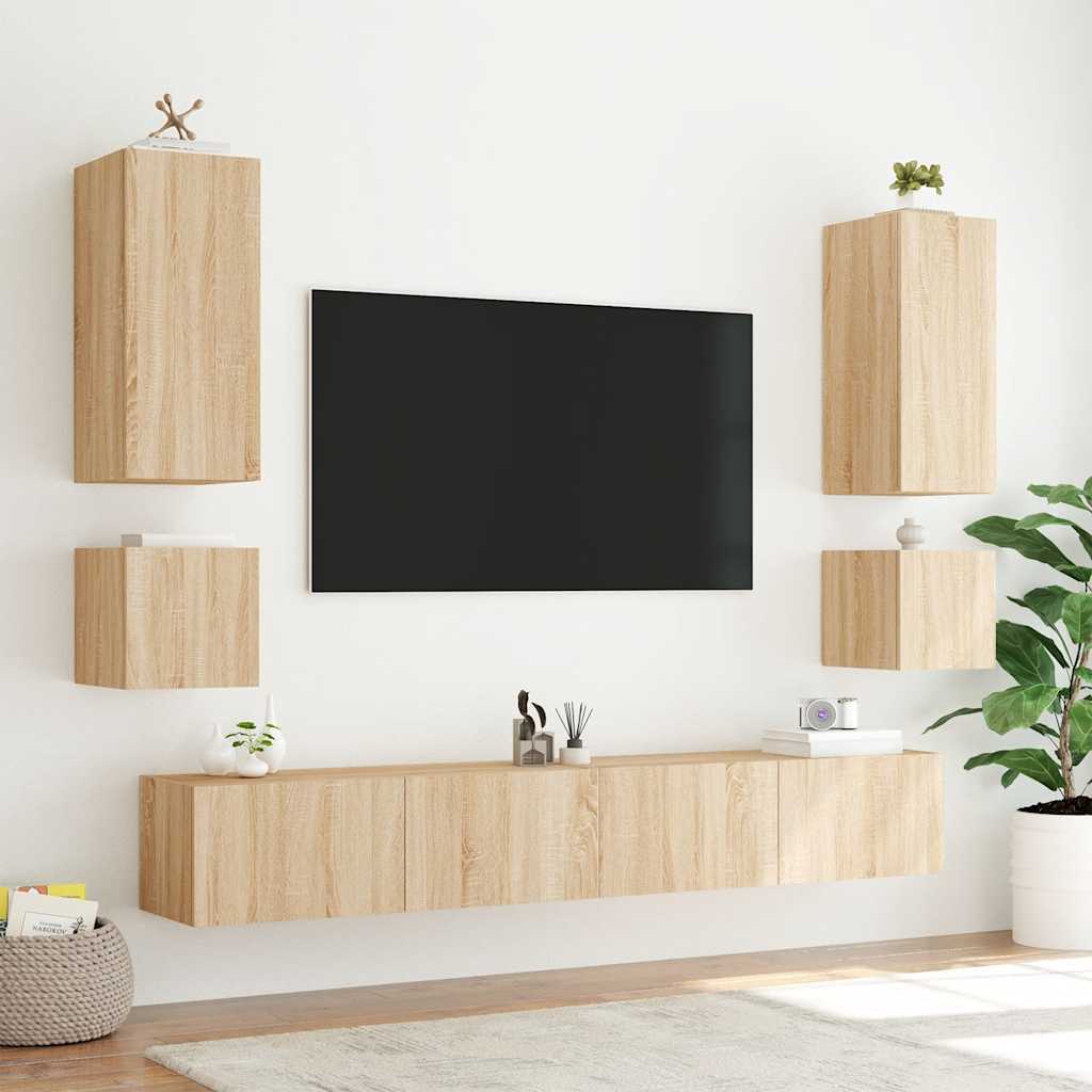 væghængte tv-borde 2 stk. med LED-lys 40,5x35x40 cm sonoma-eg