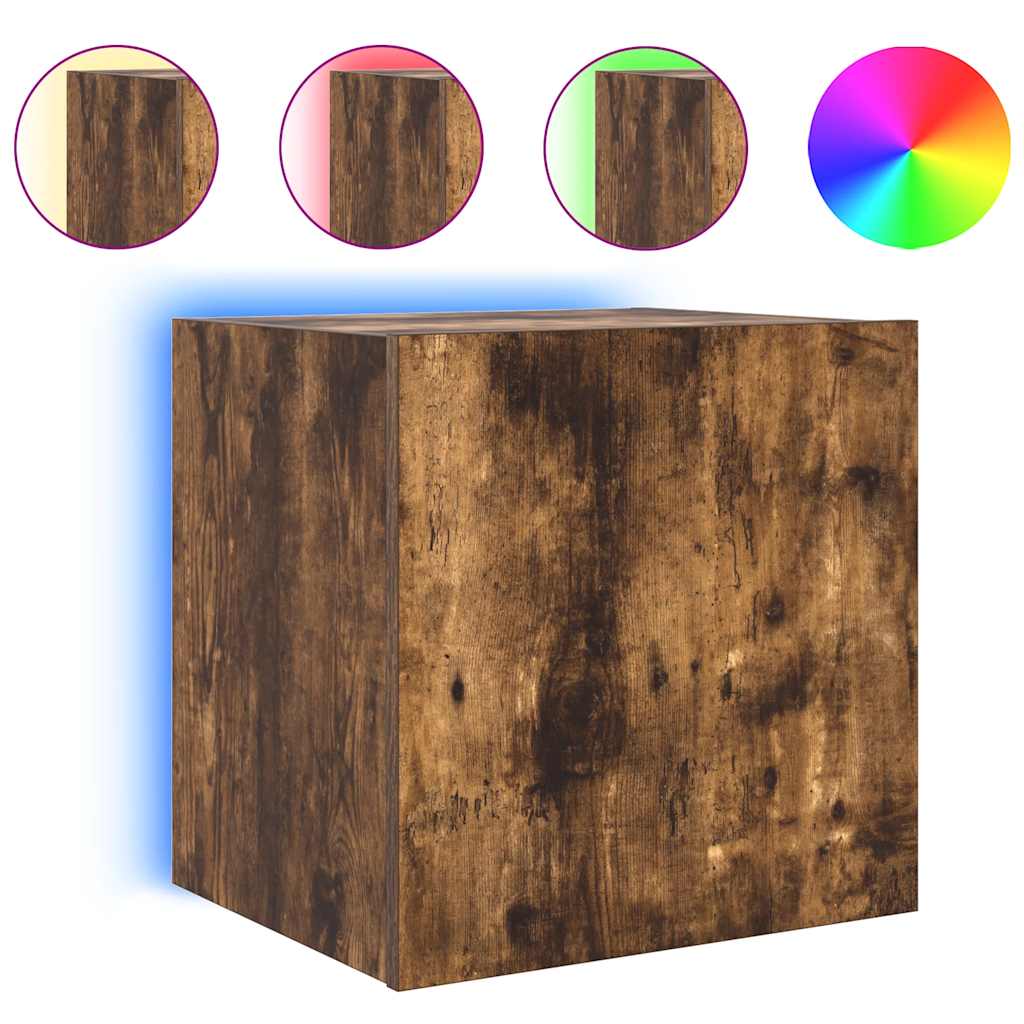 væghængt tv-bord med LED-lys 40,5x35x40 cm røget egetræsfarve