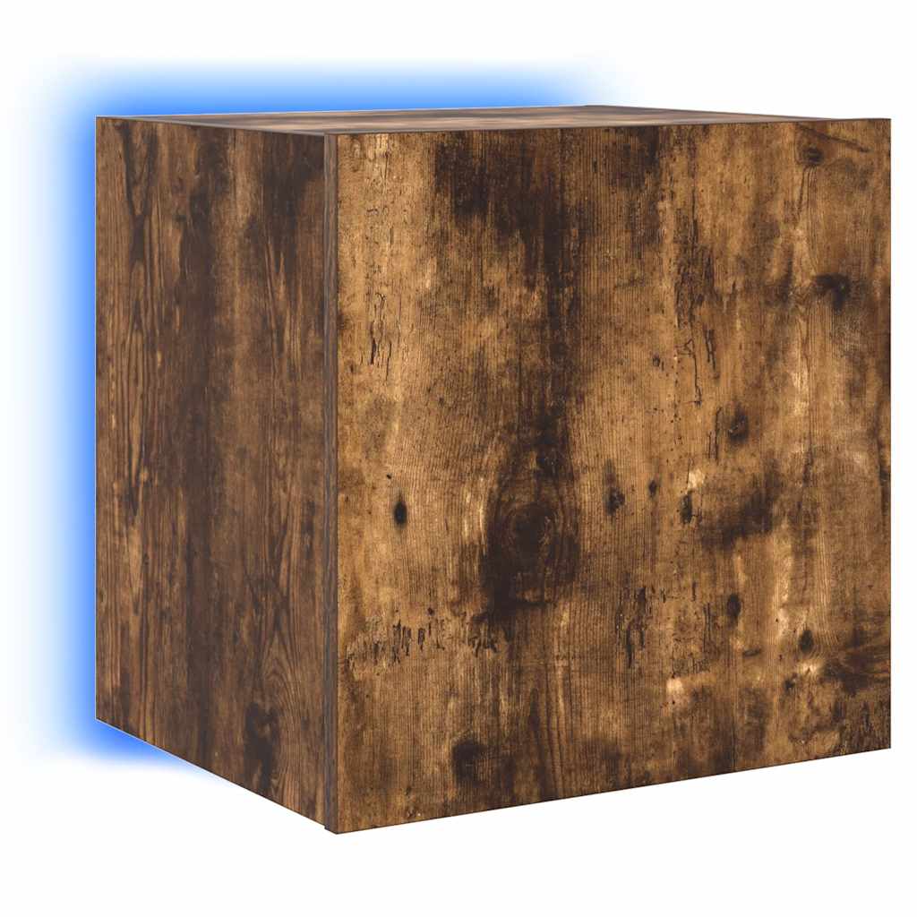 væghængt tv-bord med LED-lys 40,5x35x40 cm røget egetræsfarve