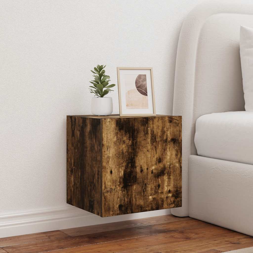 væghængt tv-bord med LED-lys 40,5x35x40 cm røget egetræsfarve