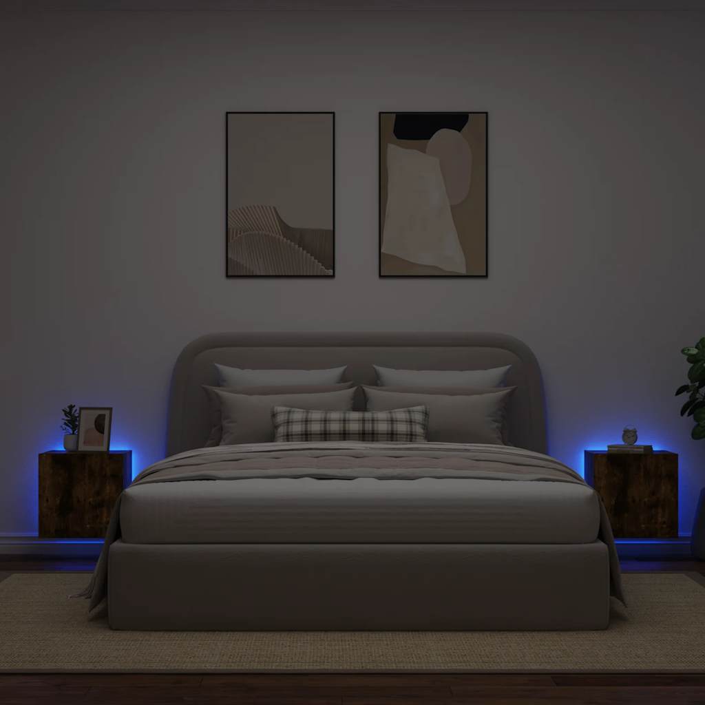væghængte tv-borde 2 stk. med LED-lys 40,5x35x40 cm røget eg