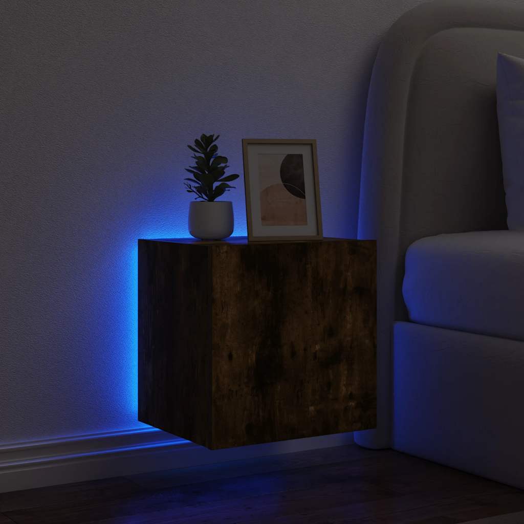 væghængte tv-borde 2 stk. med LED-lys 40,5x35x40 cm røget eg