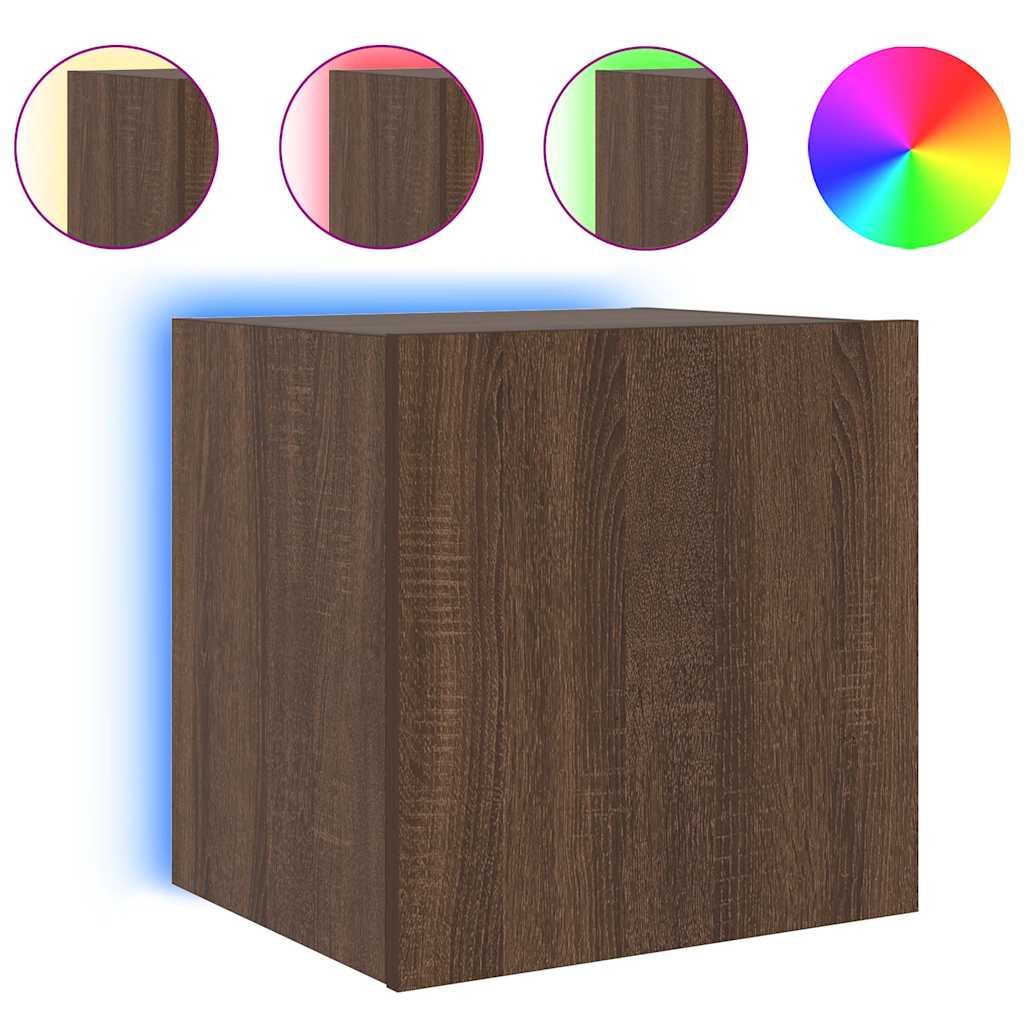 væghængt tv-bord med LED-lys 40,5x35x40 cm brun egetræsfarve