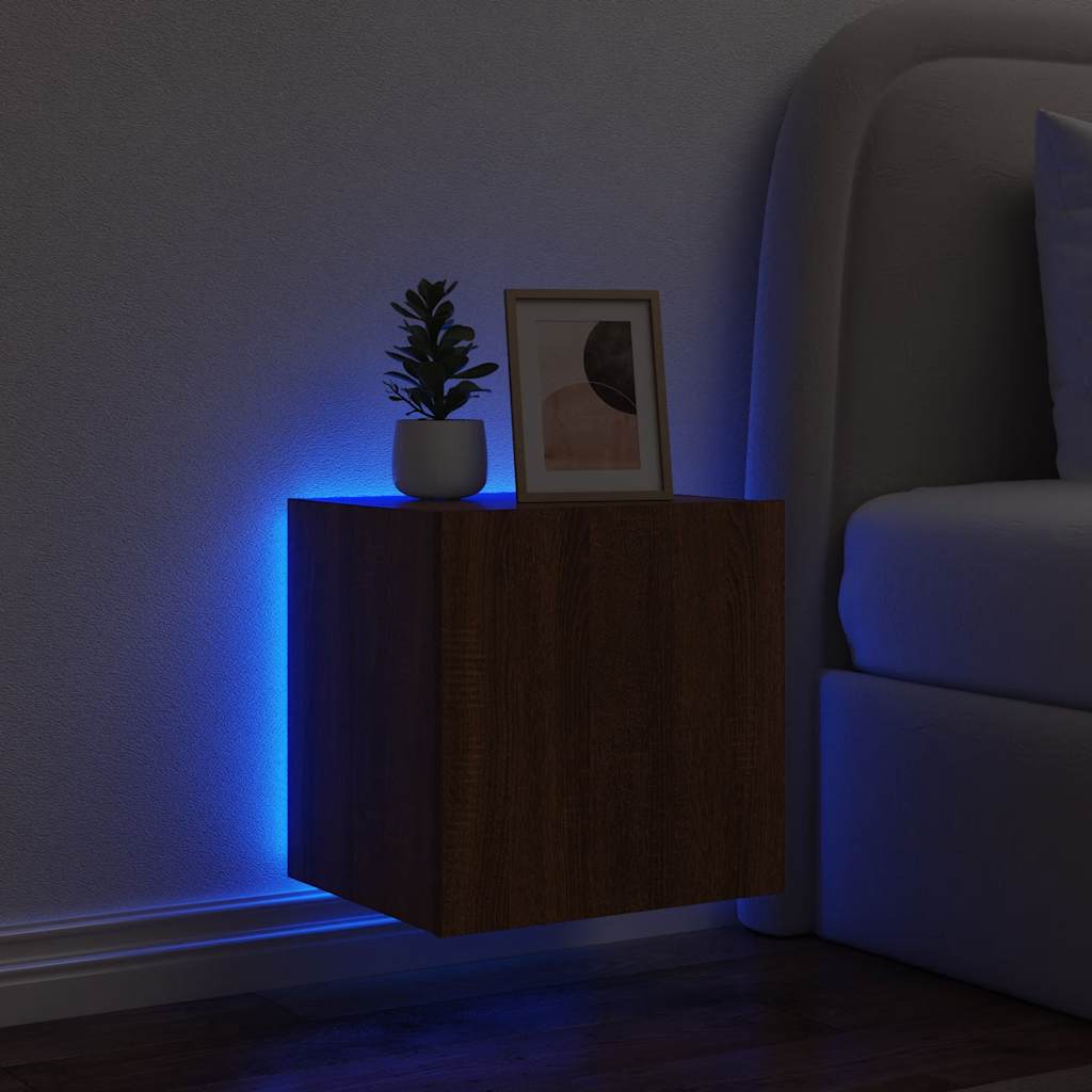 væghængt tv-bord med LED-lys 40,5x35x40 cm brun egetræsfarve