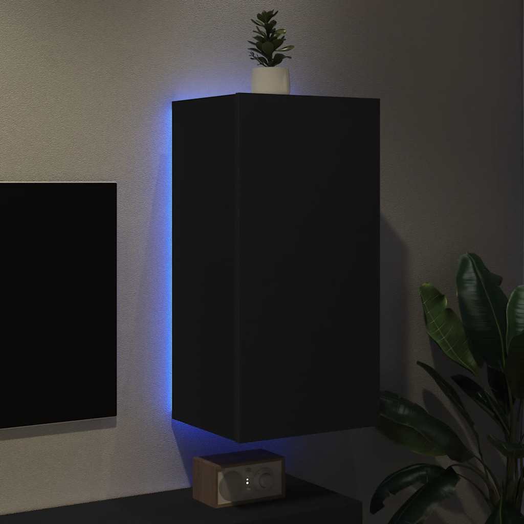 væghængt tv-bord med LED-lys 40,5x35x80 cm sort