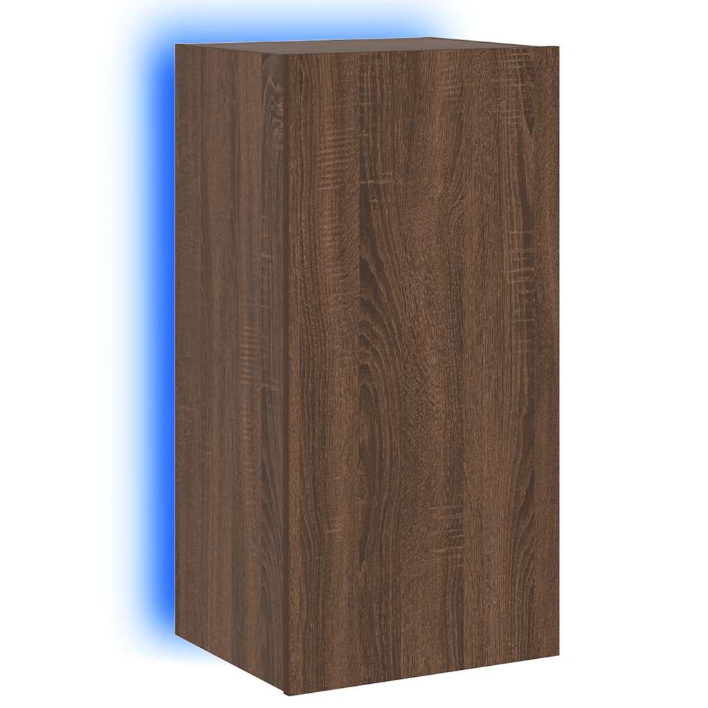 væghængt tv-bord med LED-lys 40,5x35x80 cm brun egetræsfarve