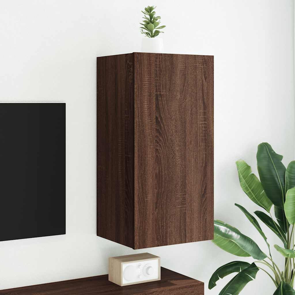 væghængt tv-bord med LED-lys 40,5x35x80 cm brun egetræsfarve