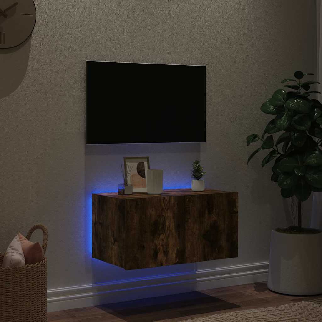 væghængt tv-bord med LED-lys 60x35x31 cm røget egetræsfarve