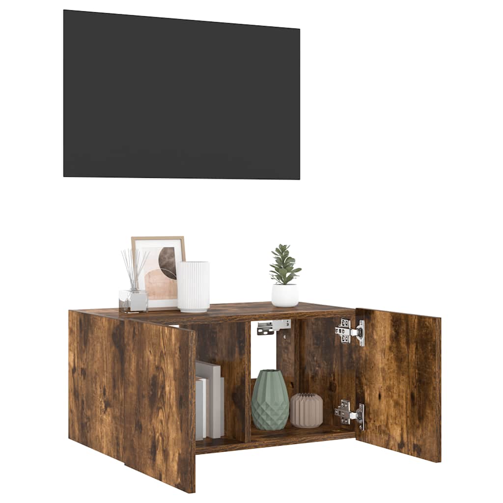 væghængt tv-bord med LED-lys 60x35x31 cm røget egetræsfarve