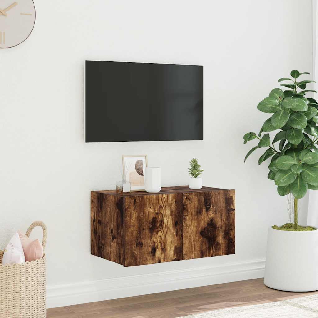 væghængt tv-bord med LED-lys 60x35x31 cm røget egetræsfarve