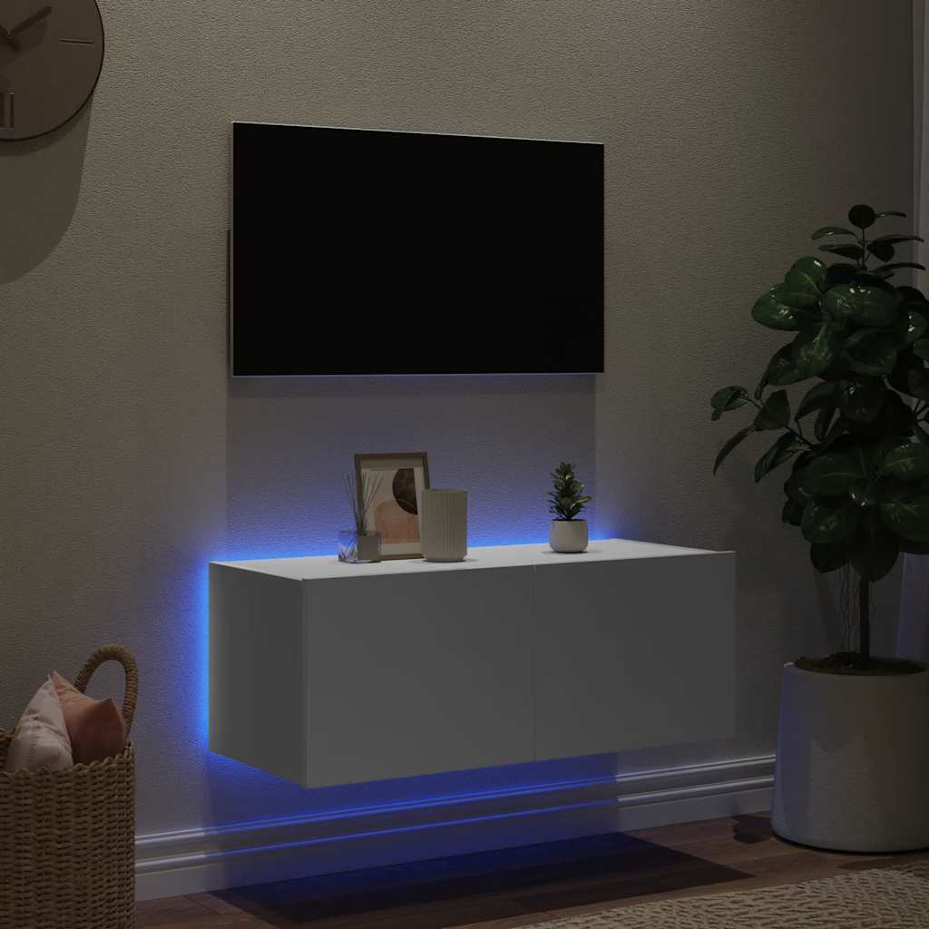 væghængt tv-bord med LED-lys 80x35x31 cm hvid