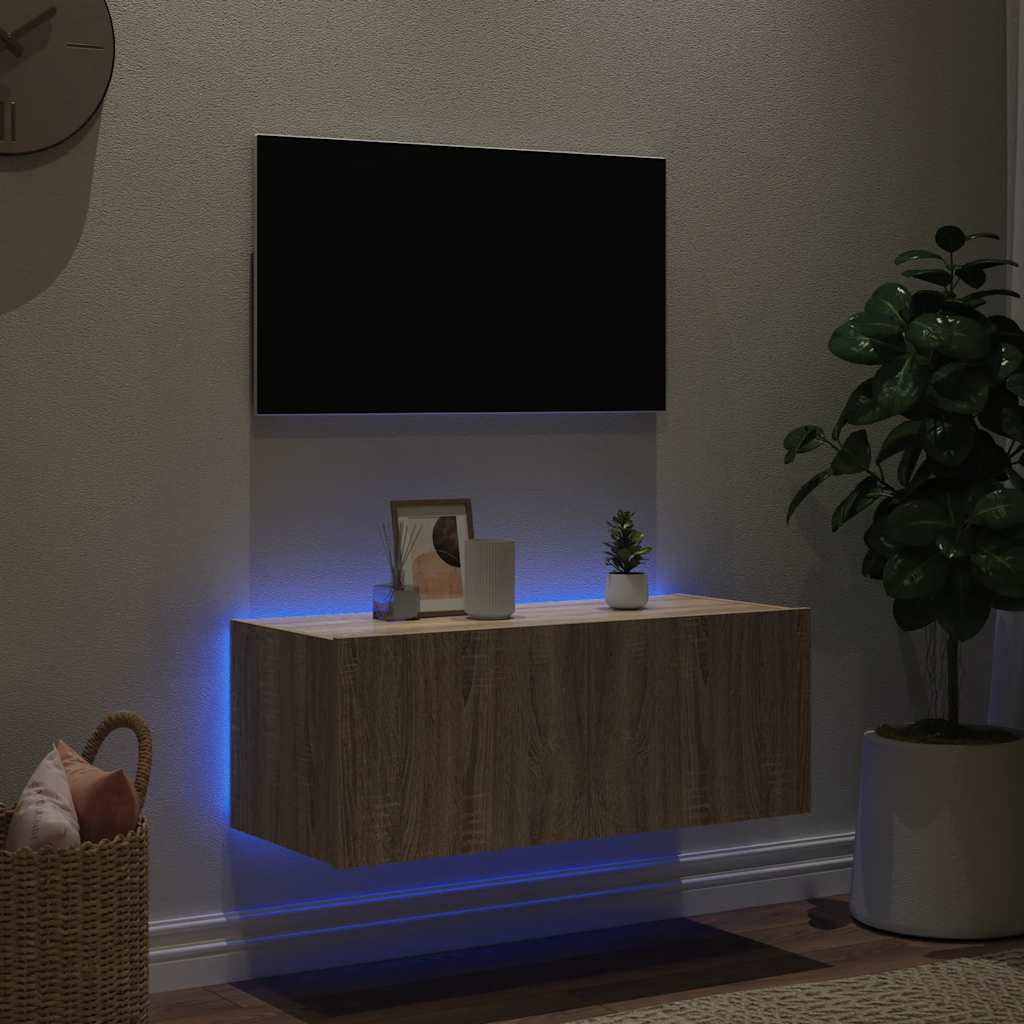 væghængt tv-bord med LED-lys 80x35x31 cm sonoma-eg
