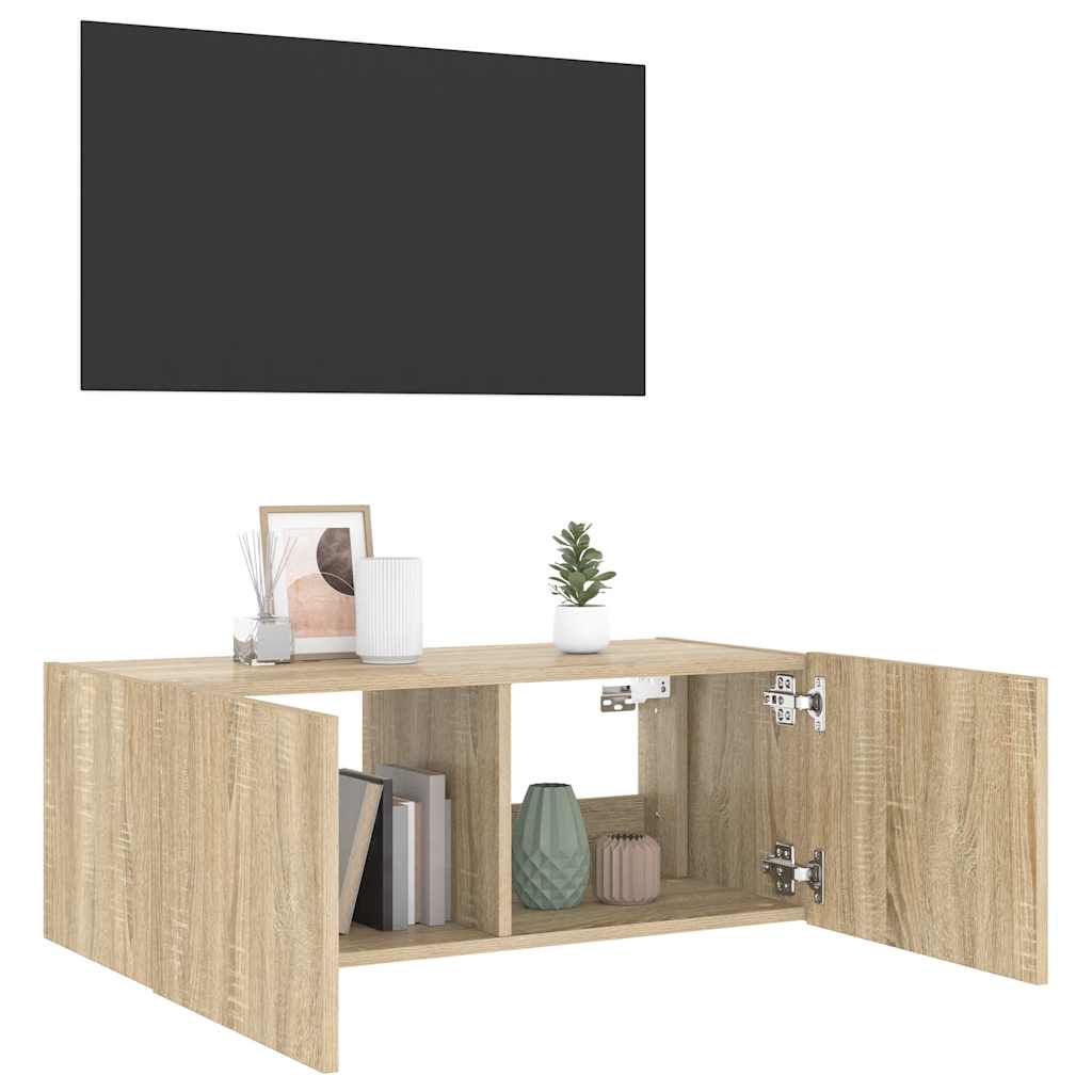 væghængt tv-bord med LED-lys 80x35x31 cm sonoma-eg