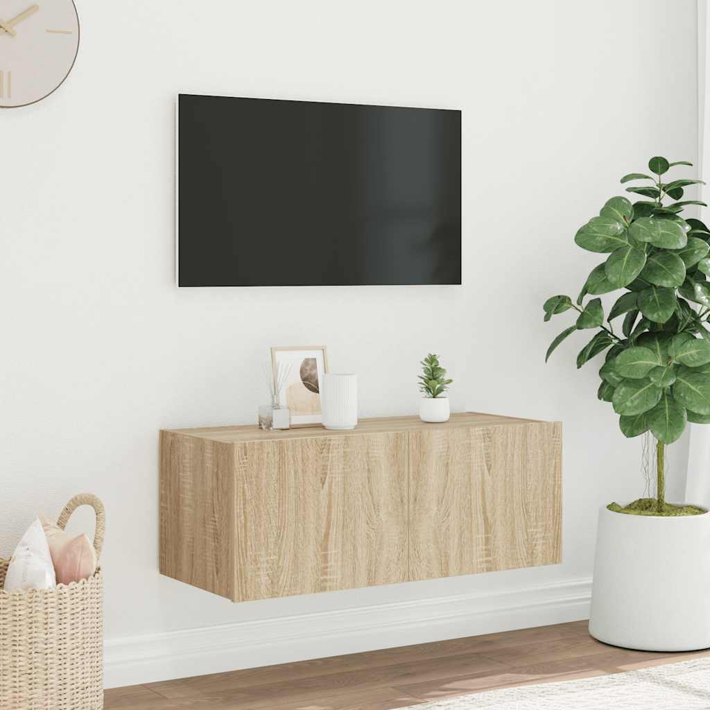 væghængt tv-bord med LED-lys 80x35x31 cm sonoma-eg