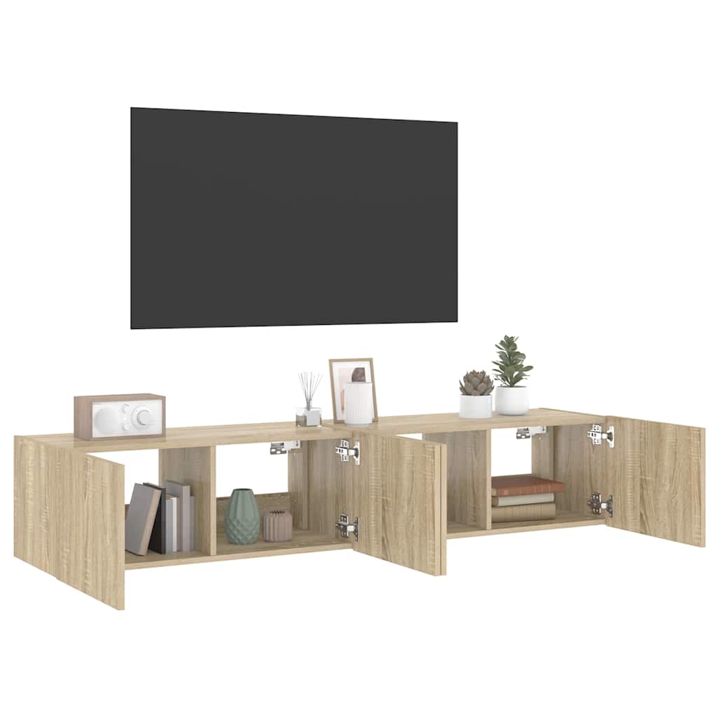 væghængte tv-borde 2 stk. med LED-lys 80x35x31 cm sonoma-eg